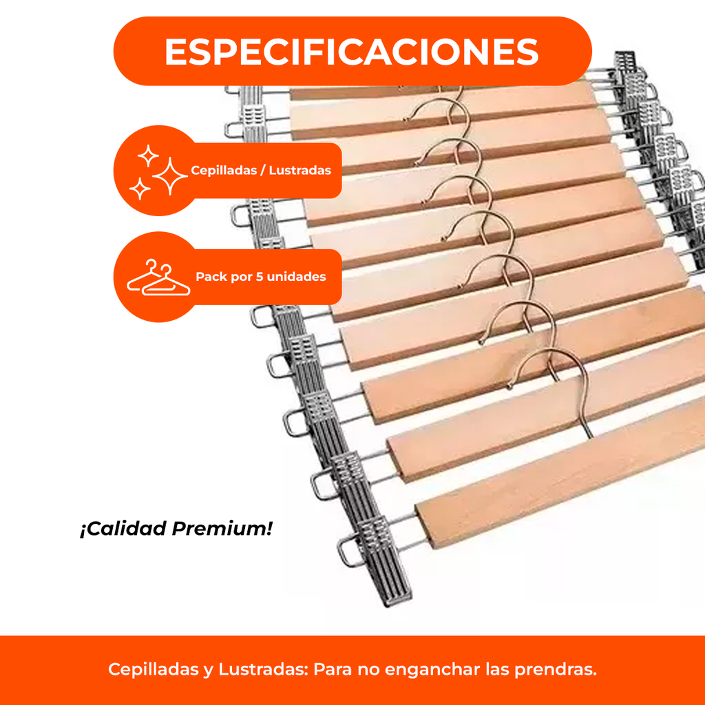 Perchas de Madera con Ganchos Broches Pantalon Premium Pack X 5