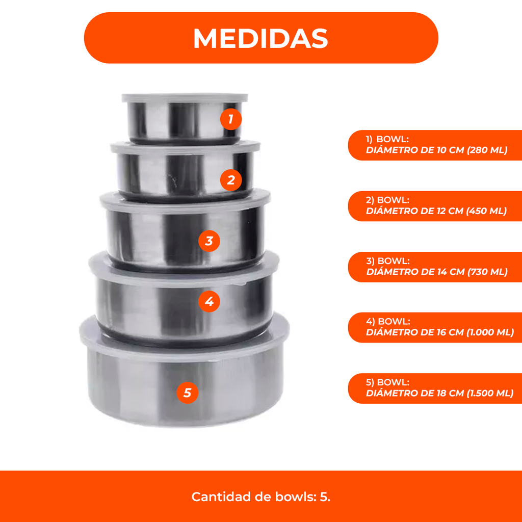 Set 5 Bowls De Acero Inoxidable Con Tapa Recipiente Metalico