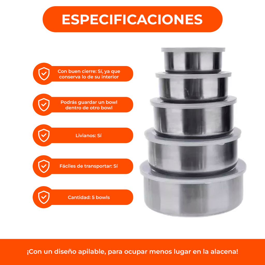 Set 5 Bowls De Acero Inoxidable Con Tapa Recipiente Metalico