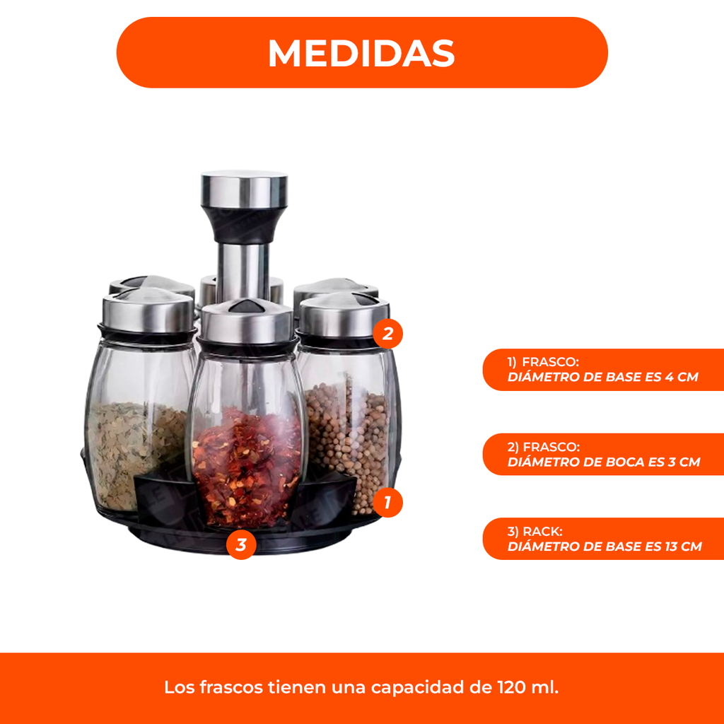 Set Especieros Acero Inoxidable Con Frascos De Vidrio X6