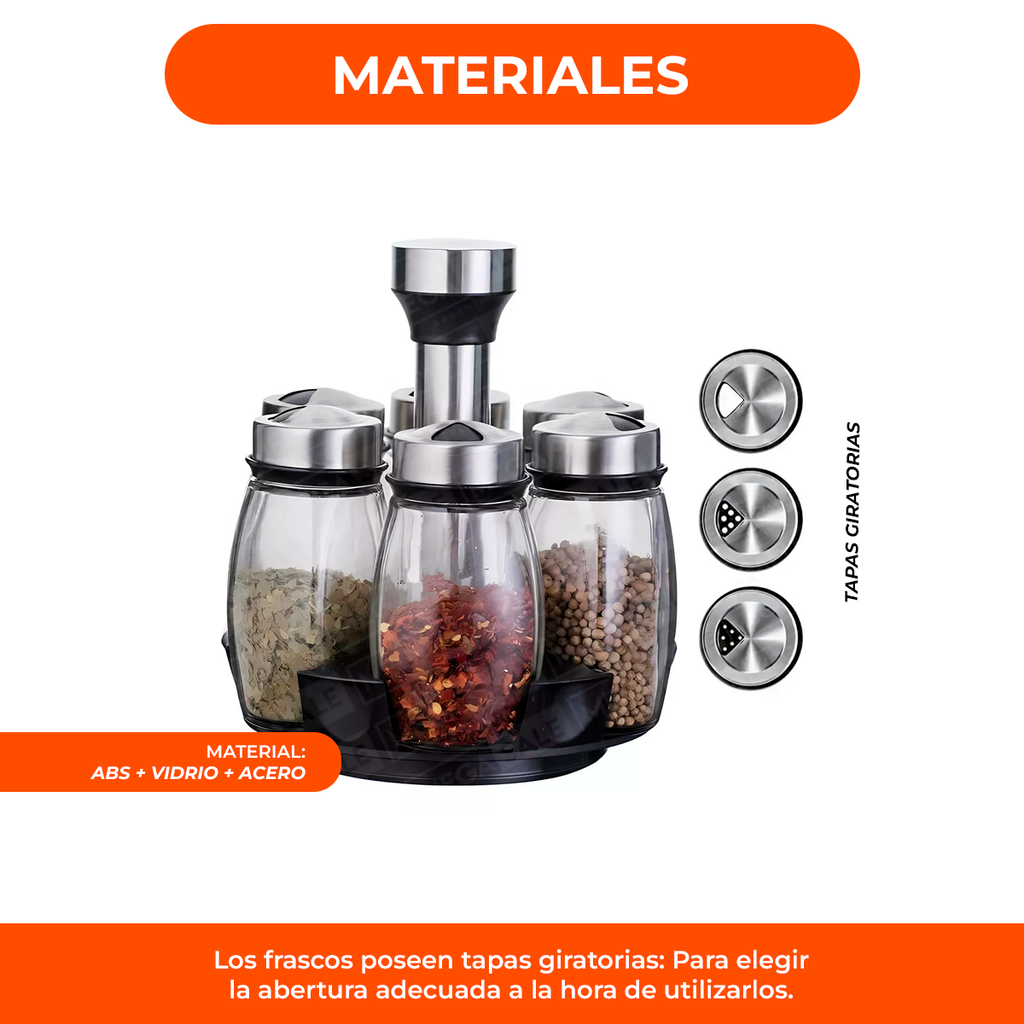 Set Especieros Acero Inoxidable Con Frascos De Vidrio X6
