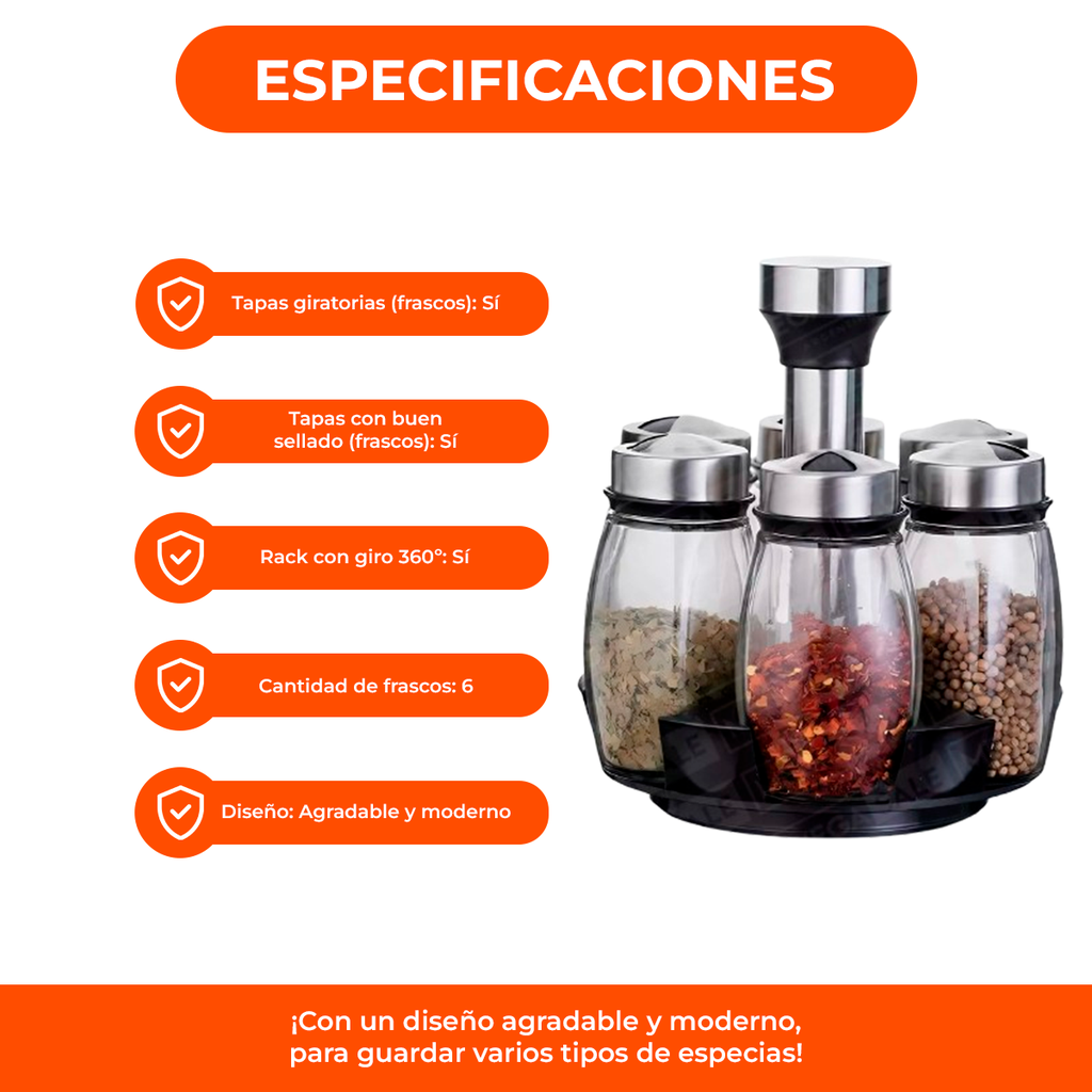 Set Especieros Acero Inoxidable Con Frascos De Vidrio X6