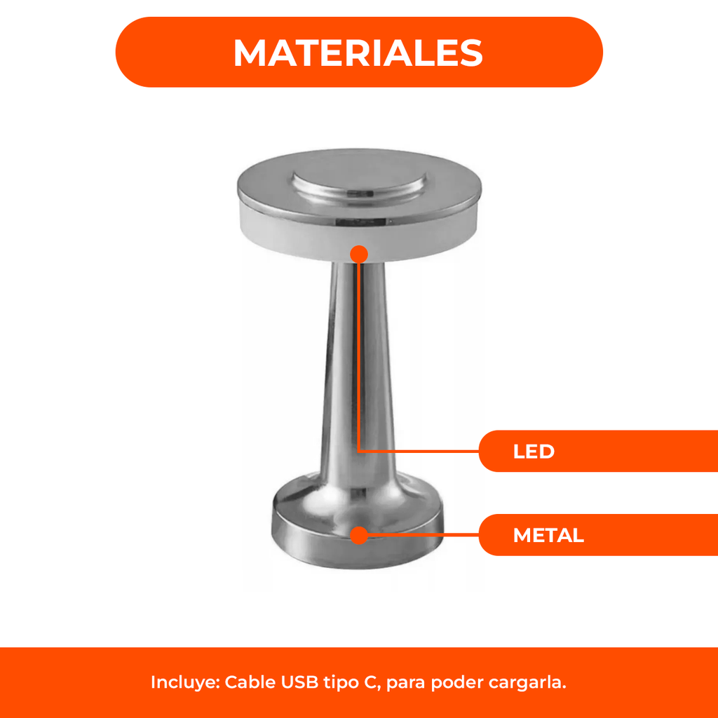 Lámpara Velador Led Recargable Usb Tácil Dimmer Metal Bar