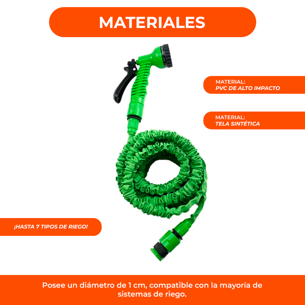 Manguera Expansible 23 Metros + Pistola De 7 Funciones Color Verde