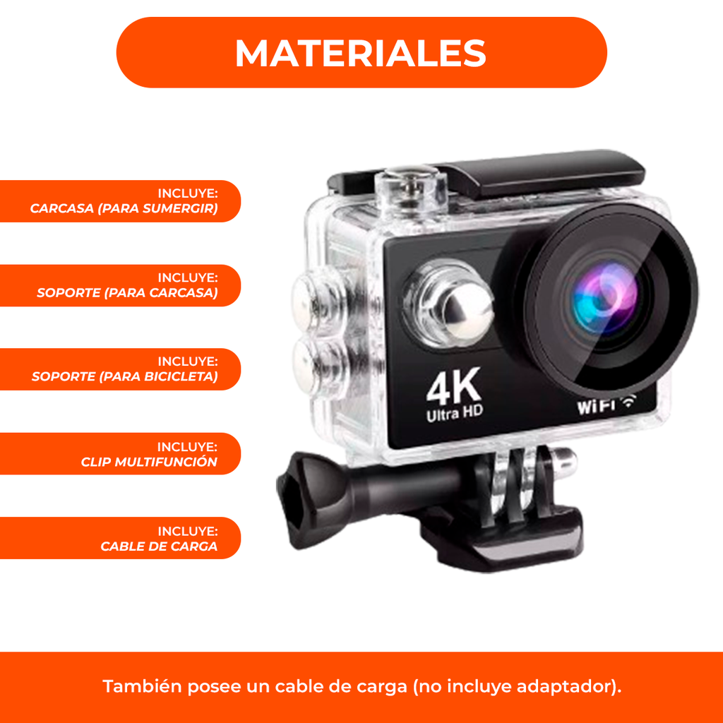 Camara Deportiva 4k Pantalla Touch Sumergible Accesor Color Negro