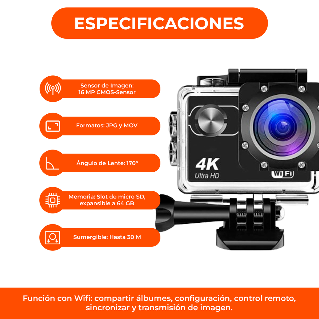 Camara Deportiva 4k Pantalla Touch Sumergible Accesor Color Negro