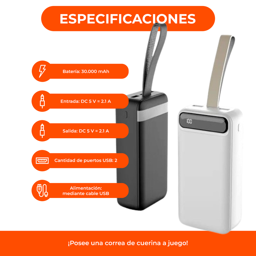 Power Bank Cargador Inalambrico 30000mah Micro Usb Tipo C Color Negro