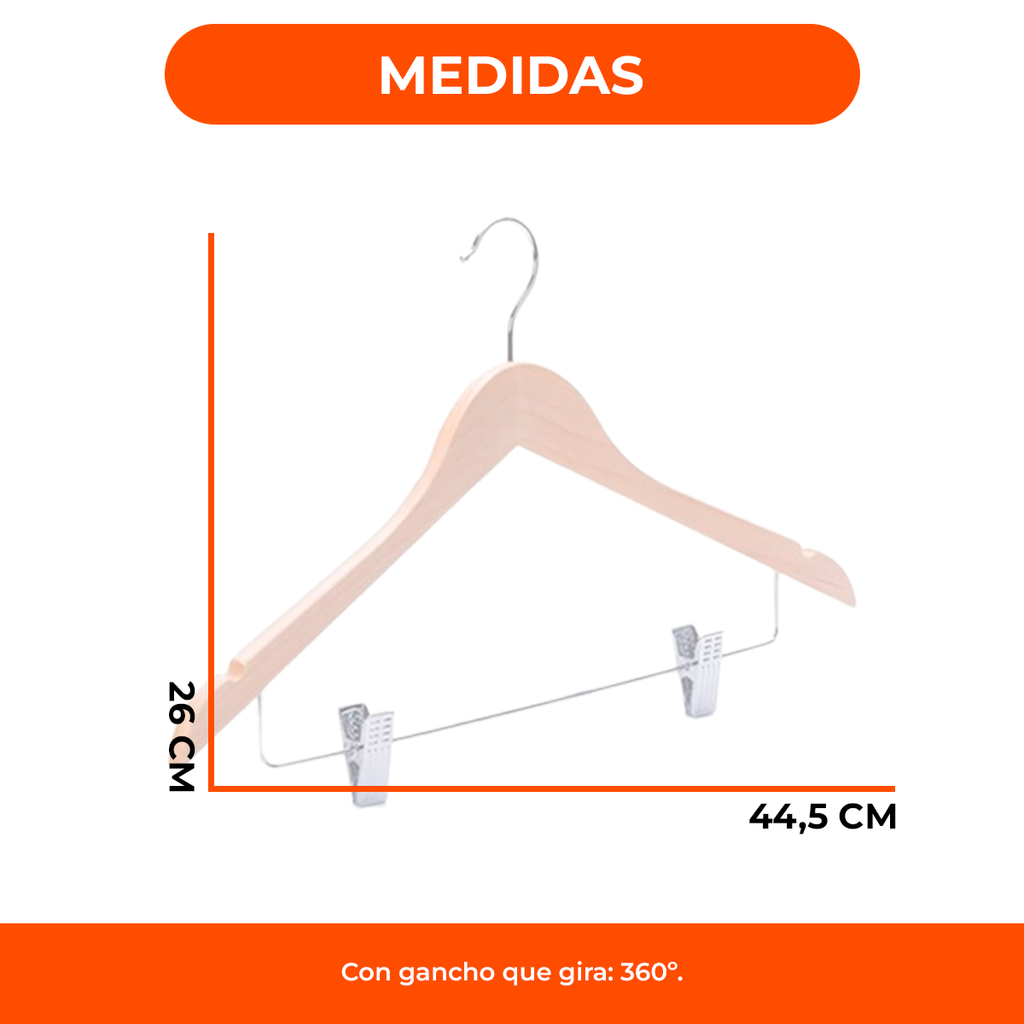 Perchas de Madera con Broches Polleras Pantalones X 3 Unid. Ganchos