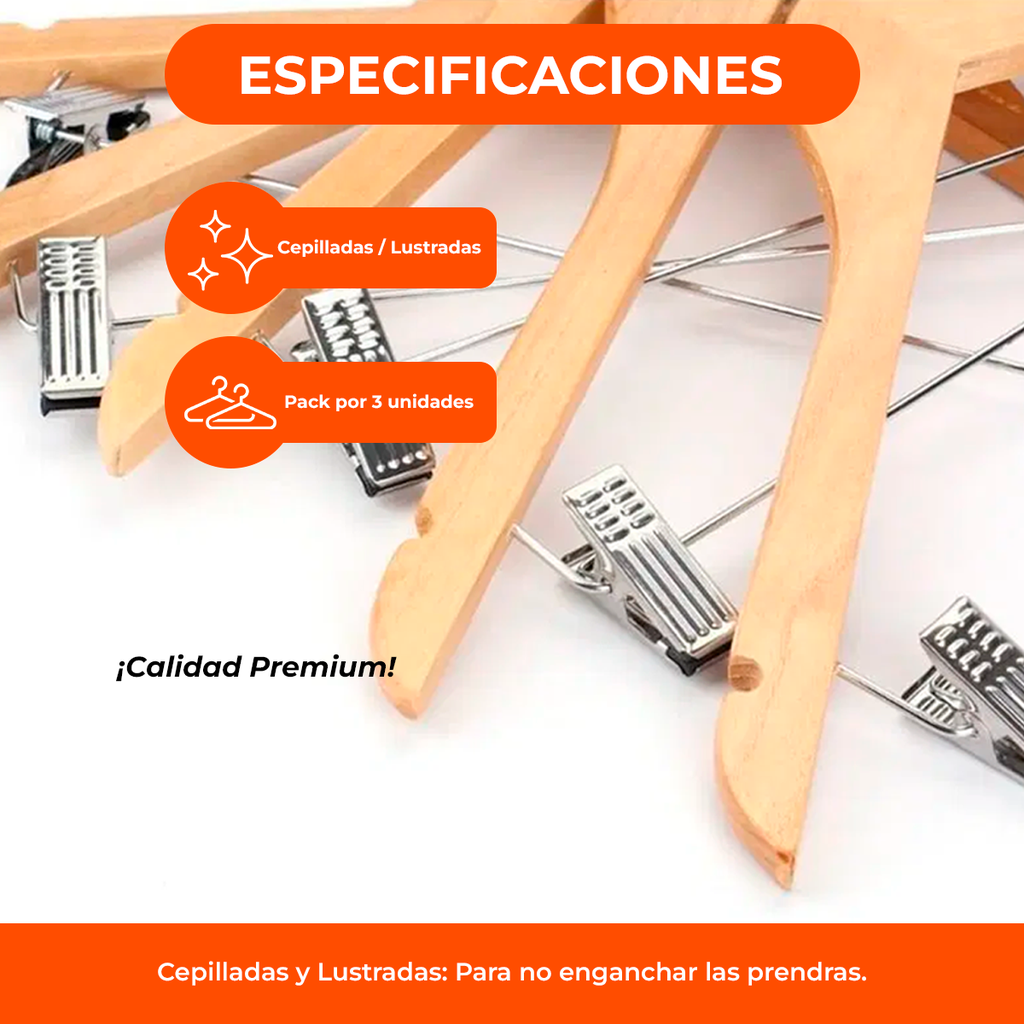 Perchas de Madera con Broches Polleras Pantalones X 3 Unid. Ganchos