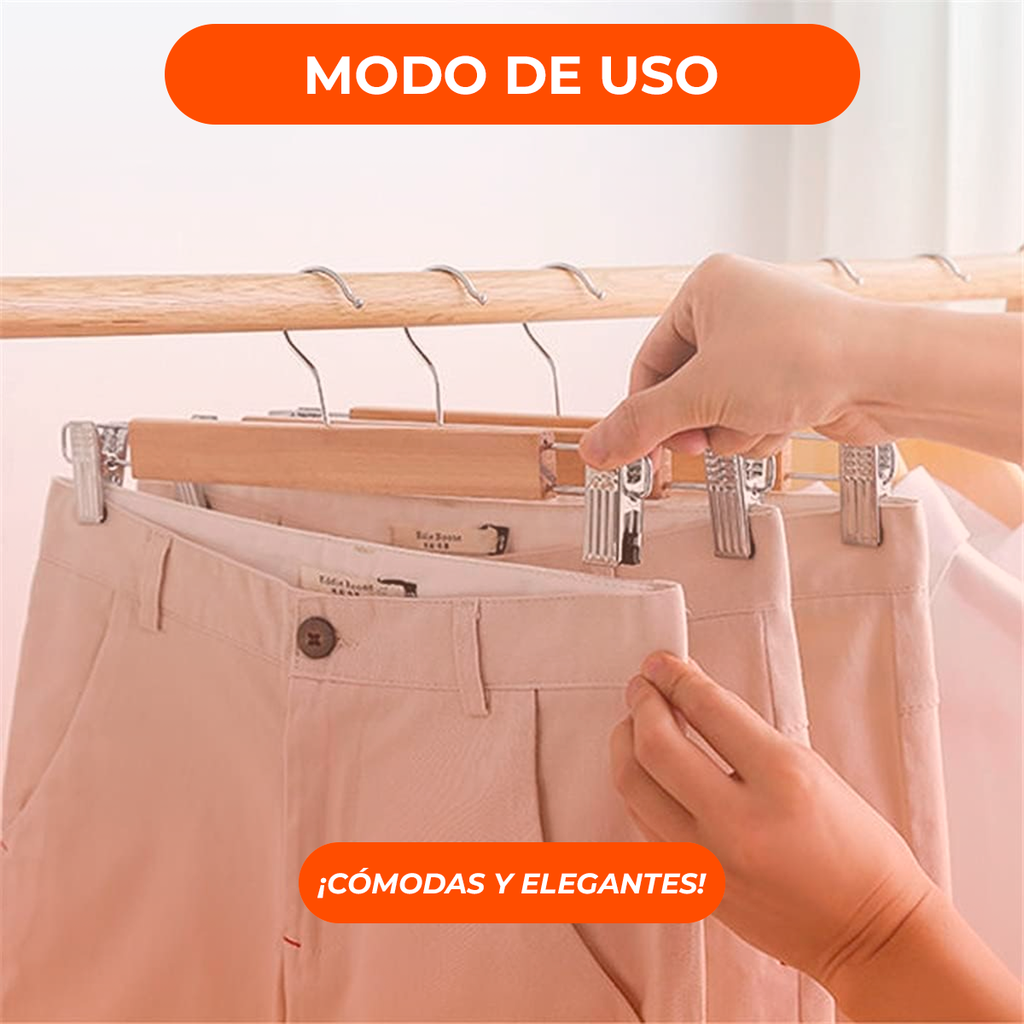 Perchas de Madera con Ganchos Broches Pantalon Premium Pack X 5