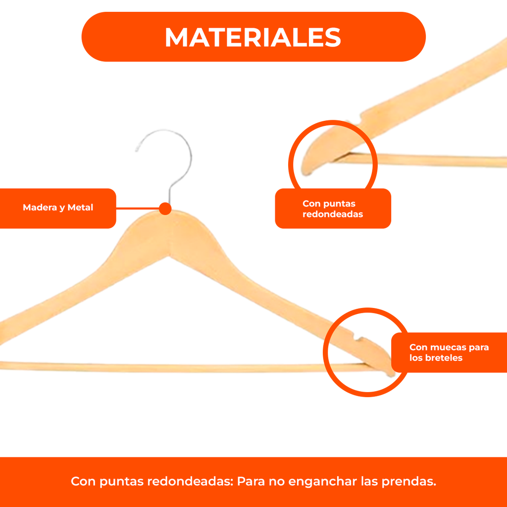 Perchas de Madera Lustradas 1° Calidad X 3 Unidades Premium
