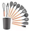 Set X12 Kit Utensilios De Cocina Mango Madera Punta Silicona