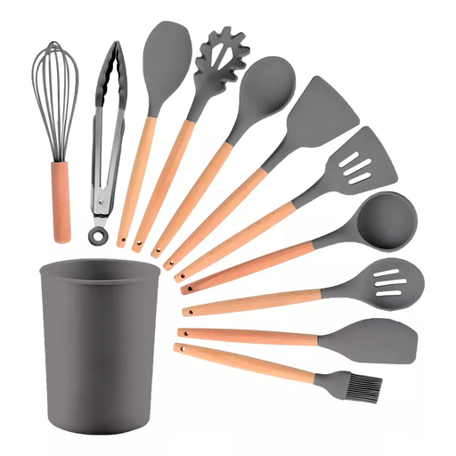 [SET00C-01] Set X12 Kit Utensilios De Cocina Mango Madera Punta Silicona