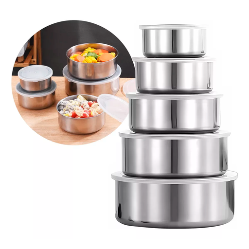 [BW-01] Set 5 Bowls De Acero Inoxidable Con Tapa Recipiente Metalico