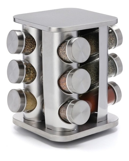 [ESP-02] Especiero Condimentos Giratorio Acero Inox Frasco Vidrio X12