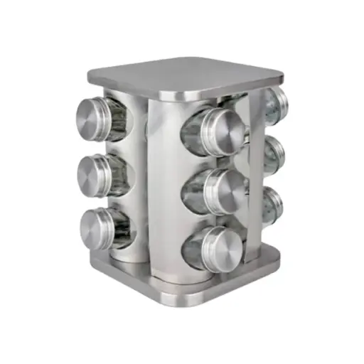 [ESP-02] Especiero Condimentos Giratorio Acero Inox Frasco Vidrio X12