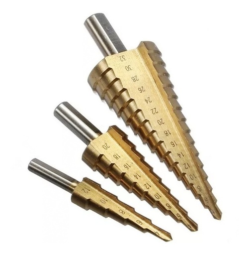 [T-4] Set Mecha Broca Metales Escalonada Titanio 4 A 32 Mm X 3 Uni