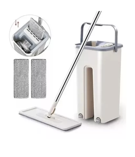 Trapeador Y Cubeta Mop Microfibra Auto Exprimible Plano Color Beige